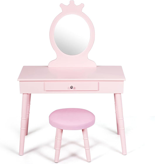 Toeletta Trucco per Bambina, Specchiera per Ragazzi in Legno Robusto, Postazione Trucco 2 in 1 Principessa con Cassetto, Sgabello e Specchio Staccabile, 70 x 34 x 100 cm (Rosa)