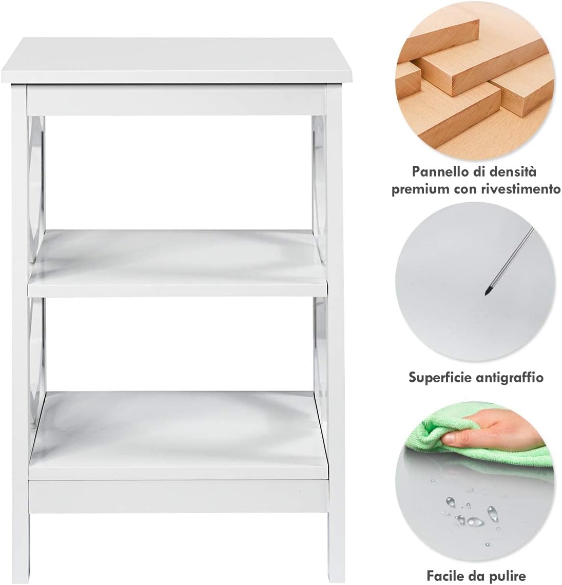 Comodino per Camera da Letto con 3 Ripiani, Tavolino da Salotto, Varie Modelli e Colori (Bianco 8（2 pezzi）)