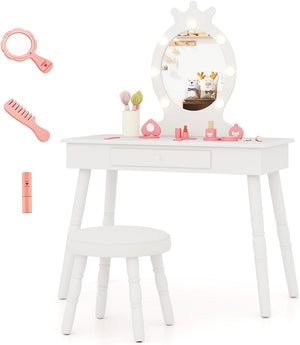 Set Toeletta Trucco per Bambina con Sgabello, Specchiera Trucco Staccabile con Luci LED a 3 Colori, Postazione Trucco Giocattolo con Cassetto e Accessori, per Bambine di 3-7 Anni (Bianco)