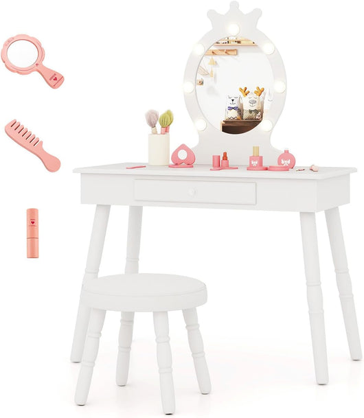 Set Toeletta Trucco per Bambina con Sgabello, Specchiera Trucco Staccabile con Luci LED a 3 Colori, Postazione Trucco Giocattolo con Cassetto e Accessori, per Bambine di 3-7 Anni (Bianco)