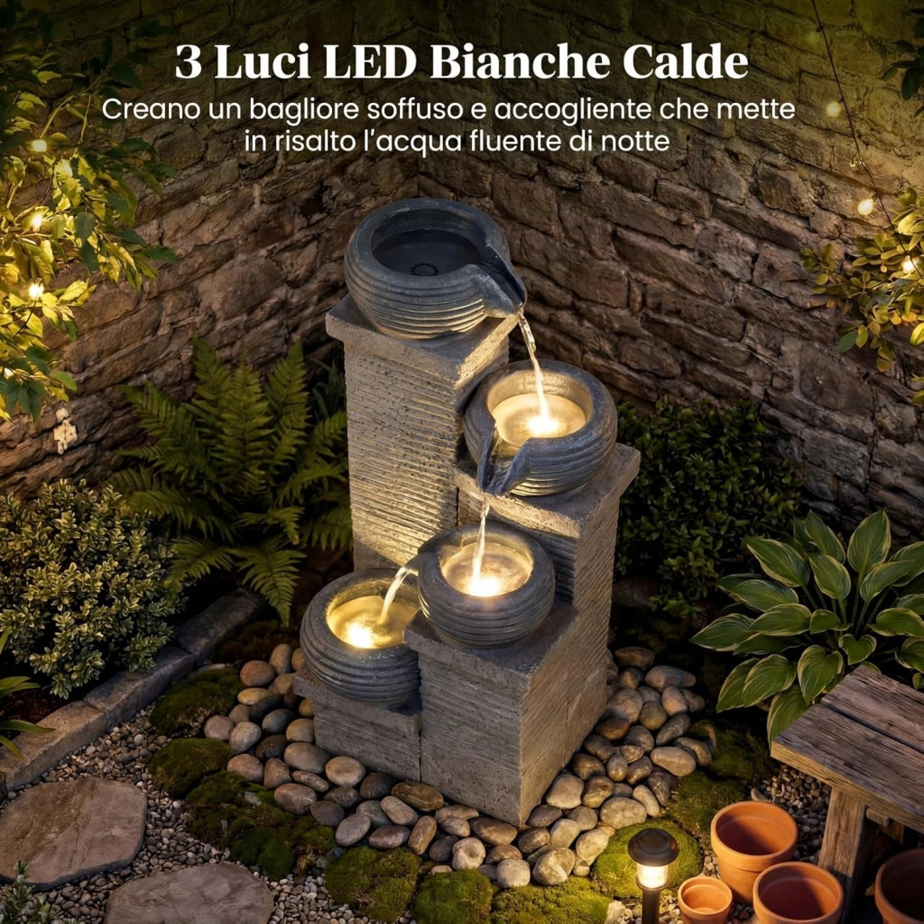 Fontana da Giardino a 4 Livelli, Fontana Cascata da Esterno in Resina con 3 Luci LED, Pompa Silenziosa e Velocità Regolabile, Fontanella Decorativa per Terrazze e Cortile, 28 x 22 x 58 cm