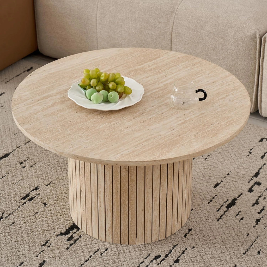 GrandCA HOME - Set di 2 Tavolini Rotondi da Caffè, Tavolino Rotondo da Divano, Piano in MDF con Base a Doghe in Legno, Ideale per Soggiorno e Ufficio (Travertino gialloe)