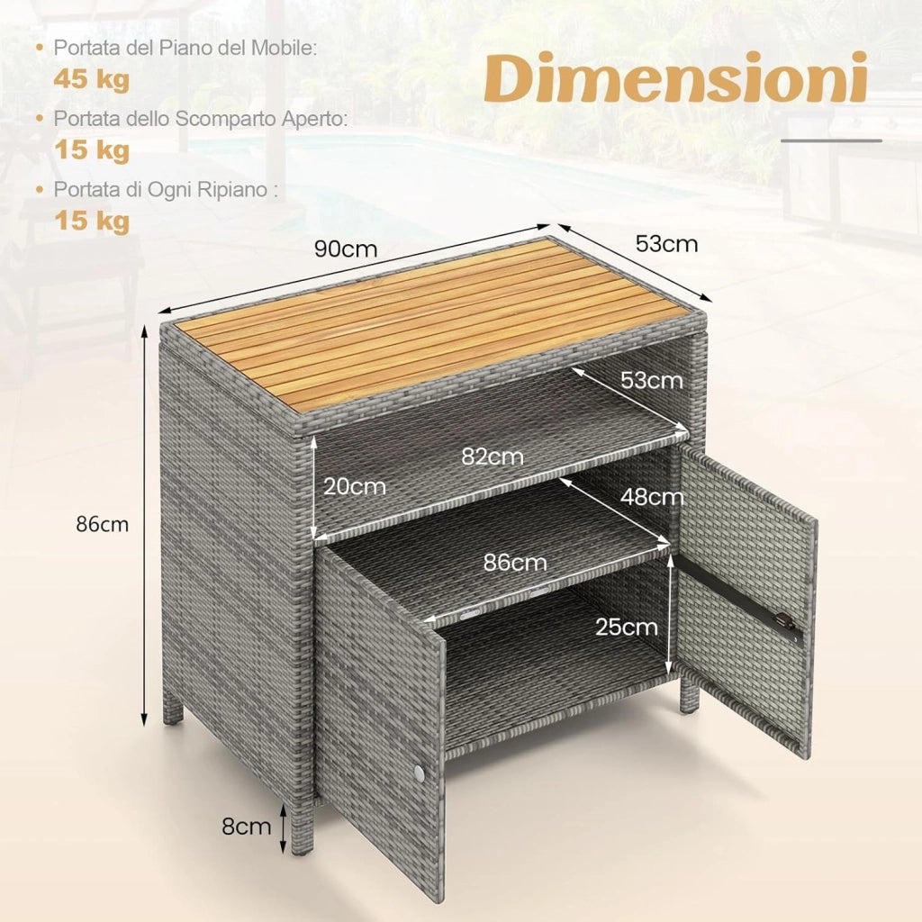 Armadietto Portaoggetti in Rattan, Mobile Buffet per Esterni in Legno di Acacia, con Compartimento Aperto e Armadio Chiuso a 2 Ante, per Piscina, Terrazza e Patio, 90 x 53 x 86 cm (Grigio)