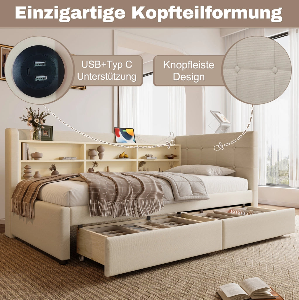 Letto da giorno ULEVR 90x200 cm con 2 cassetti, prese USB e Type-C, ripiani integrati, beige