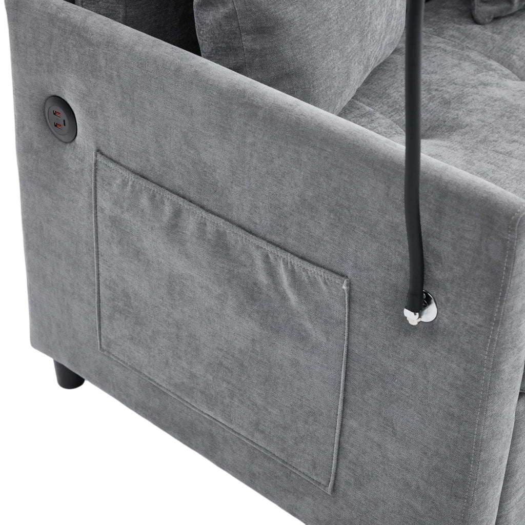 Divano imbottito grigio con porta USB e supporto tablet HOMVRA