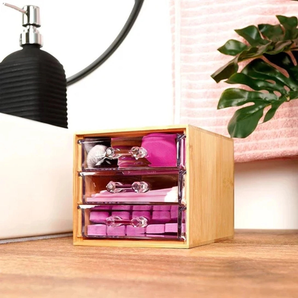 Trade Shop - Porta Gioielli Cosmetici Con 3 Cassetti Organizzatore Casa In Legno 12.3x15.3x11 Cm 10830 -