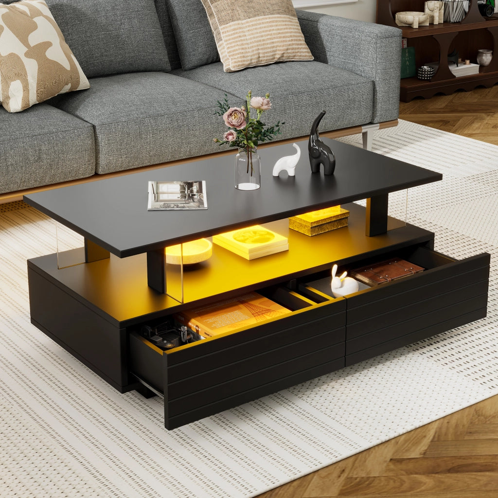 Tavolino da caffè con 2 cassetti; LED e ripiano aperto per soggiorno in acrilico 100×50×42 cm nero