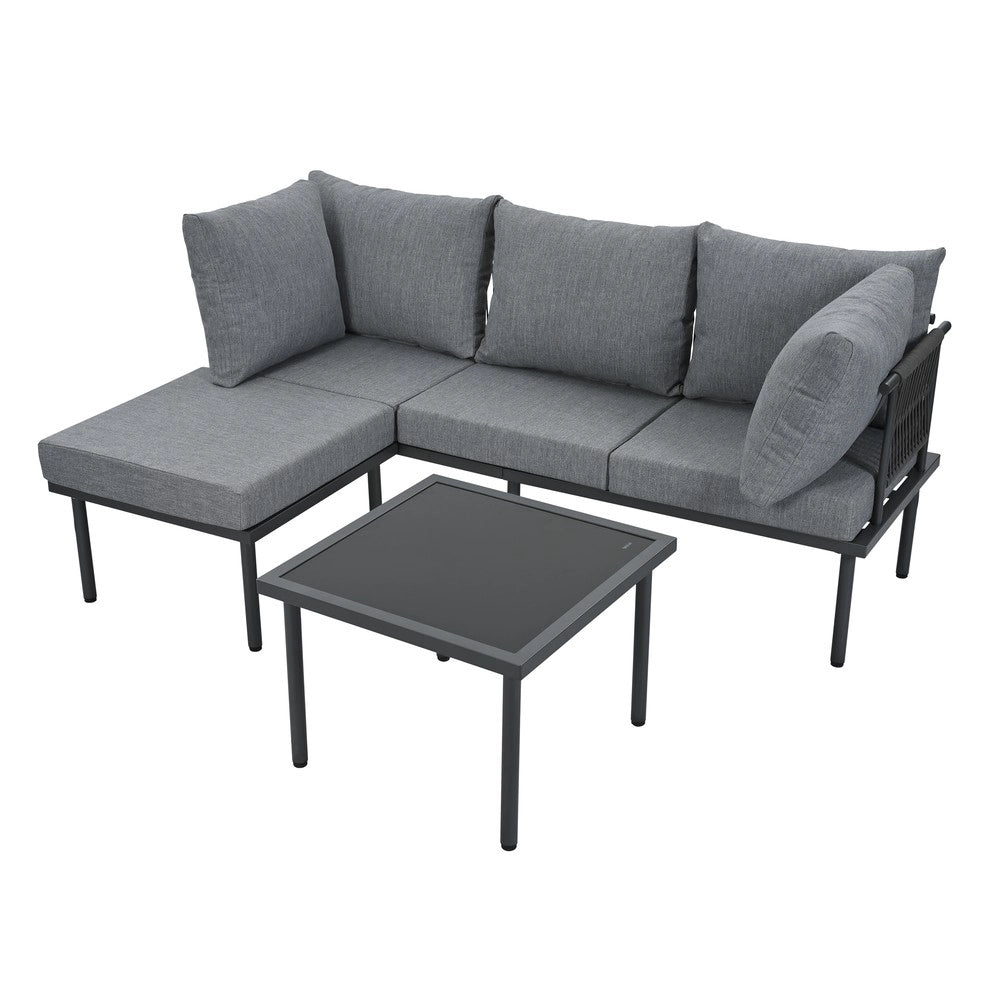 Set Divano da Giardino con Tavolino e Poggiapiedi ¨C Xylo ¨C Polyrattan, Grigio/Nero