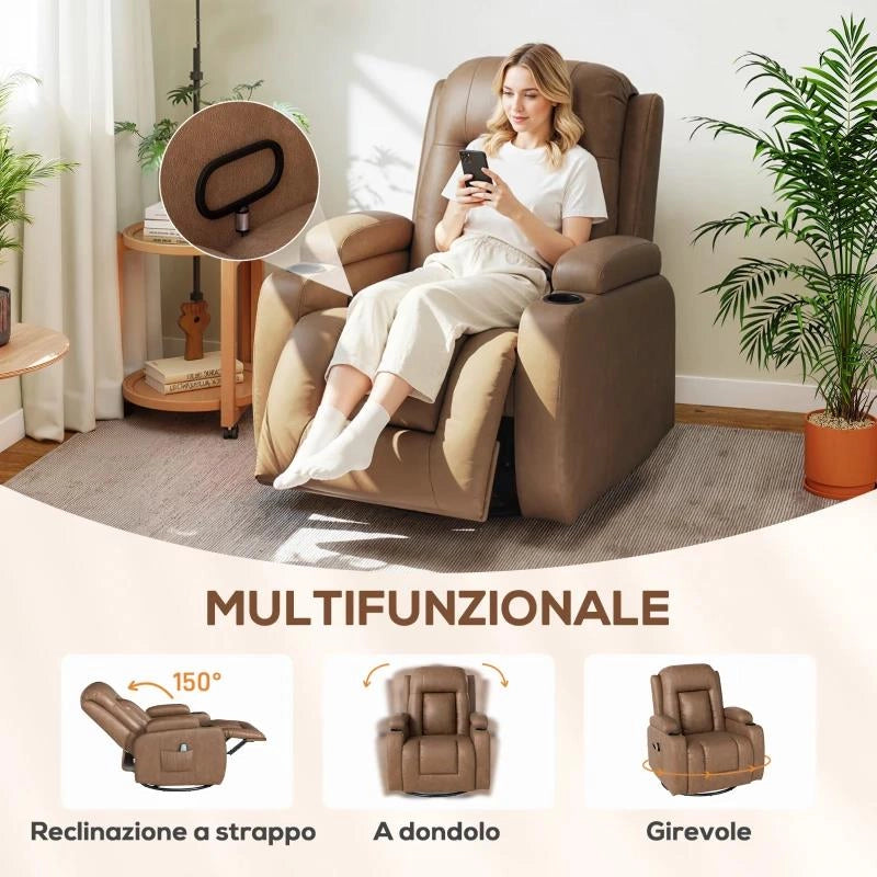 POLTRONA RELAX RECLINABILE MASSAGGIANTE RISCALDANTE IN SIMILPELLE CON 8 PUNTI MASSAGGIO, MARRONE