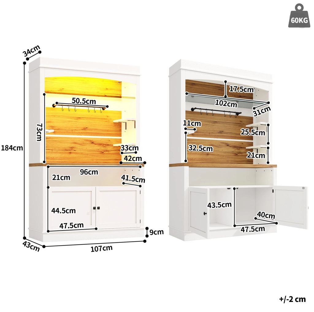 Credenza alta 107x34x184 cm con illuminazione RGB controllabile da app; MDF e metallo; bianco