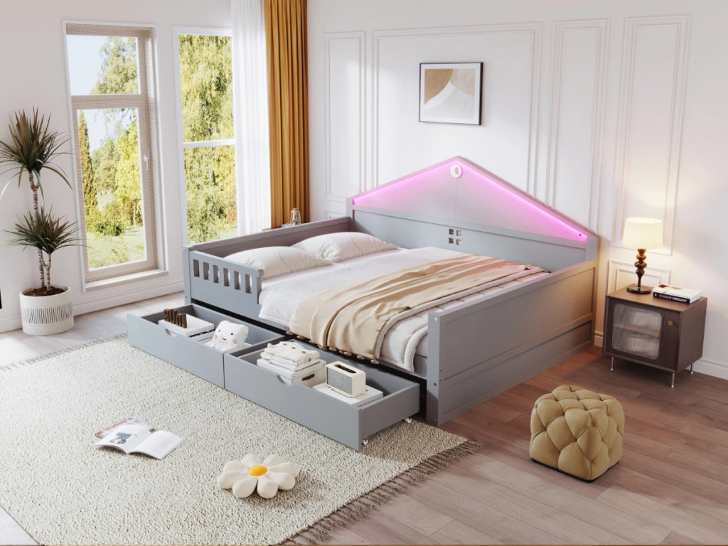 DESMIU Letto singolo 140 × 200 cm con LED, 2 cassetti, senza materasso, in legno massiccio e MDF, grigio