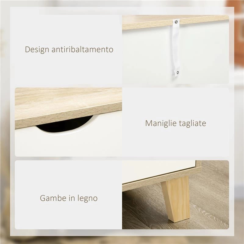 CASSETTIERA 6 CASSETTI CON MANIGLIE INTAGLIATE IN LEGNO 120X40X76 CM BIANCO E ROVERE
