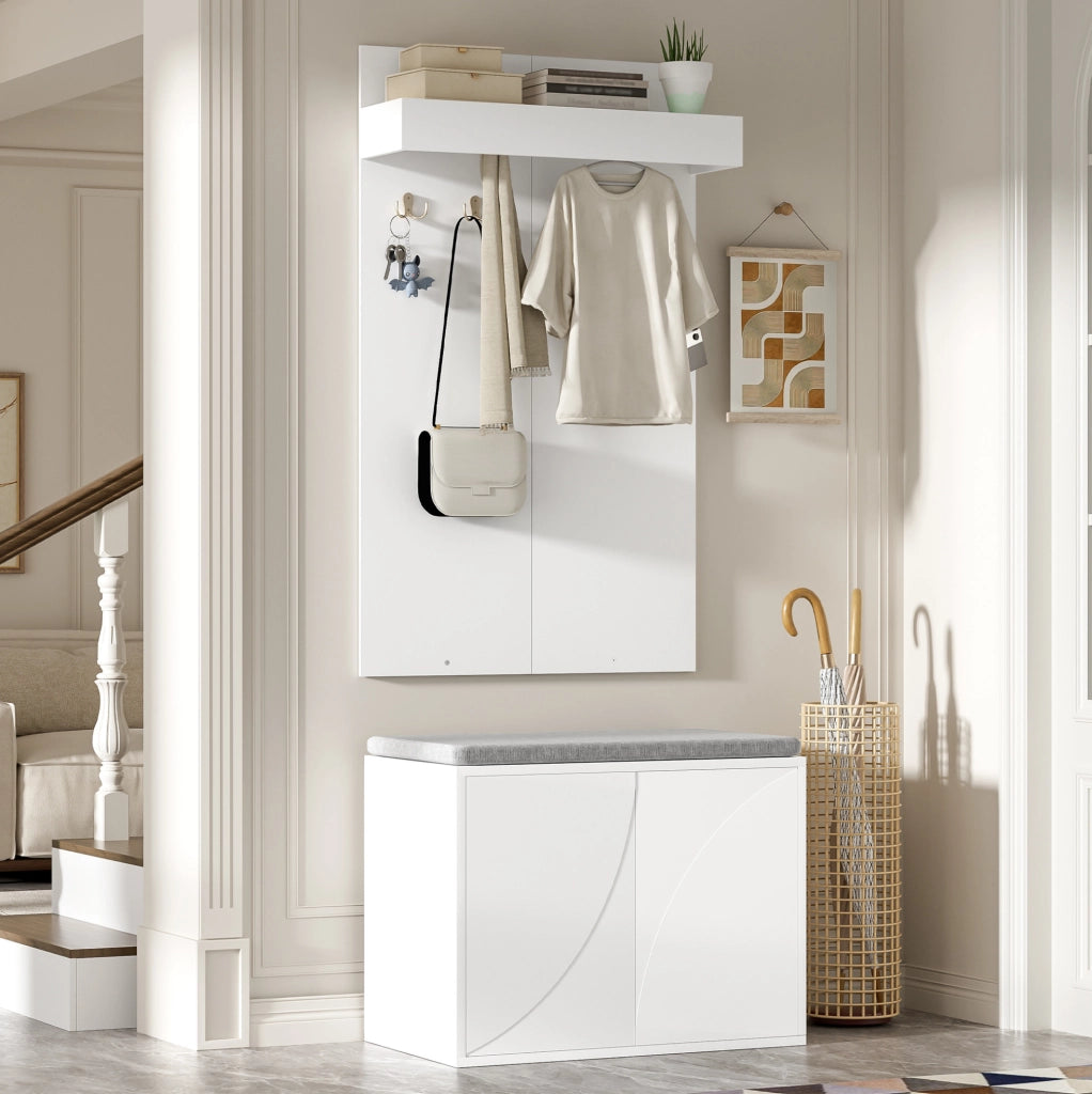 Set ingresso 3 in 1 bianco con appendiabiti, scarpiera e panca 60x35 cm