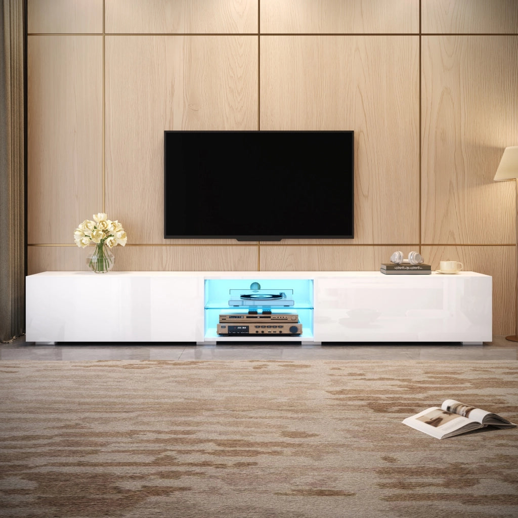 Mobile porta TV con LED controllata da app, 2 ante a ribalta e vano aperto, per soggiorno, bianco, 200 × 30 × 30 cm