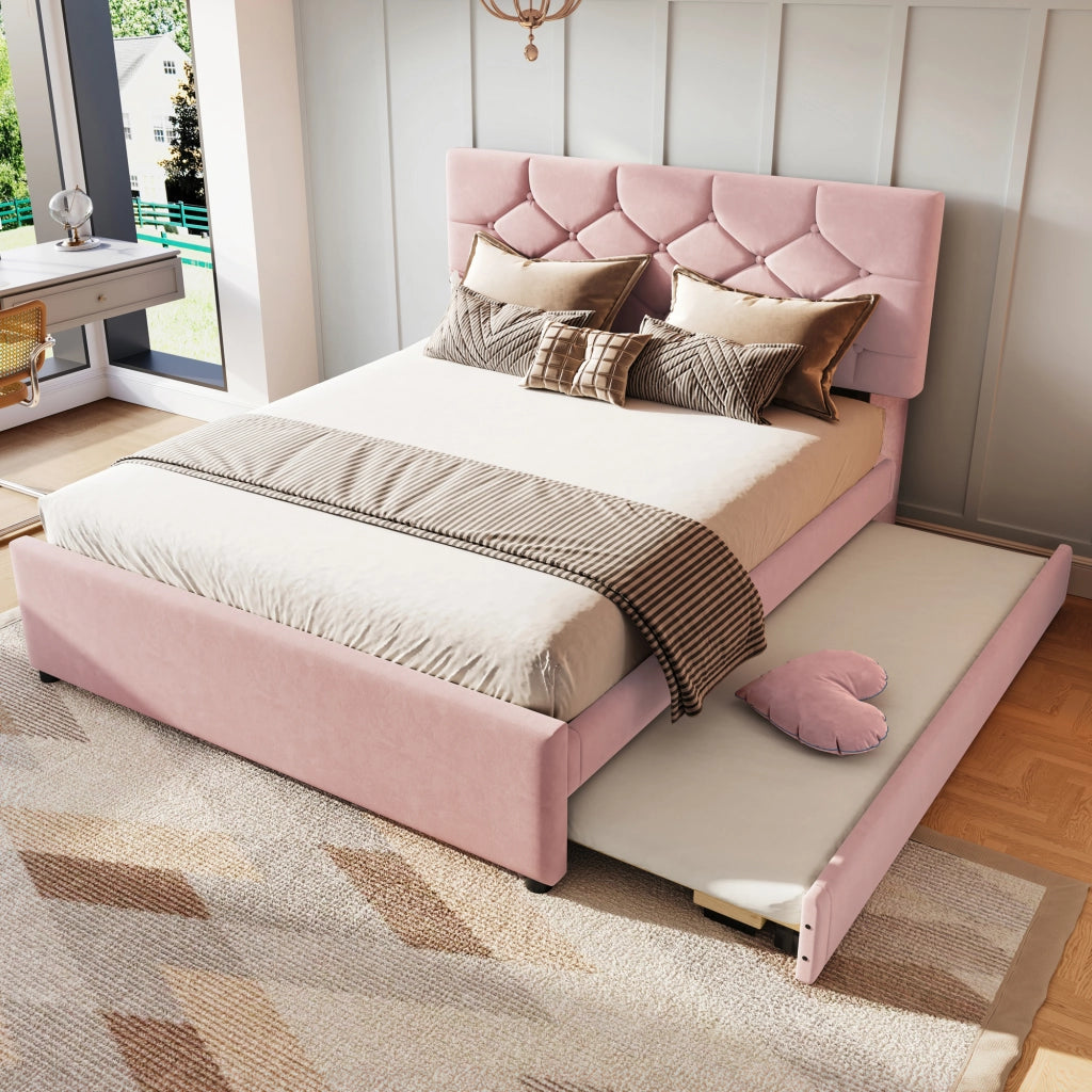 Letto Estraibile Letto Matrimoniale con Letto Ausiliario; 140×200 cm e 90×190 cm; senza Materasso; Rosa