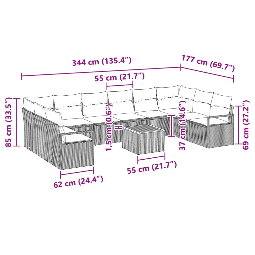 Set Divano da Giardino con cuscino 11 pcs Grigio polyrattan