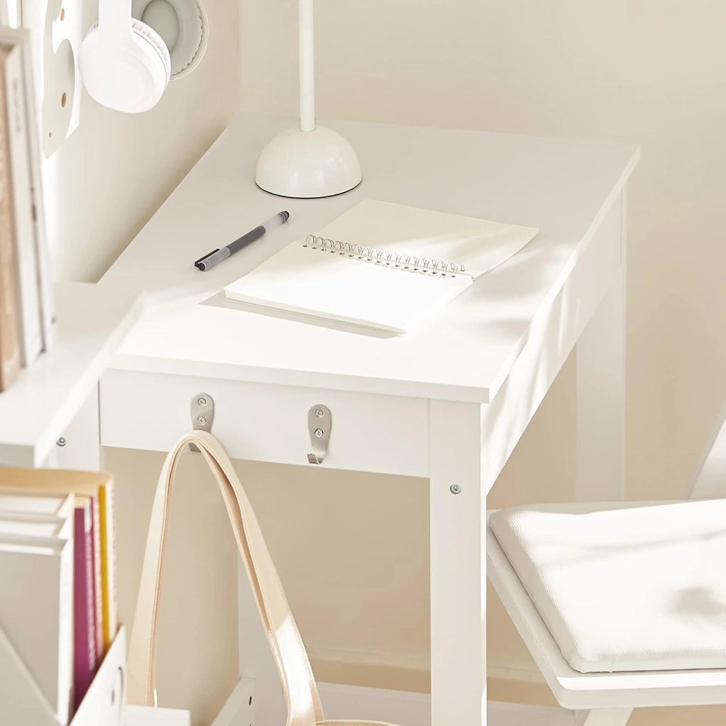 Scrivania Salvaspazio con 1 Cassetto e 2 Ganci Tavolo da Lavoro Angolare Piccolo per Ufficio o Studio Scrivania Bianca per Casa, Cameretta o Computer 60x40x77cm FWT43-W