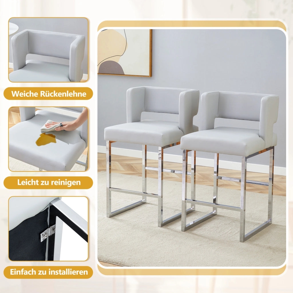 Sgabello da bar con seduta imbottita in PU e gambe in metallo, design nordico, facile da pulire, grigio chiaro 61 × 60,5 × 54 cm