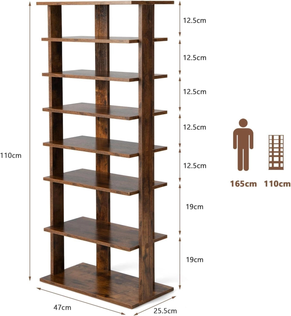 Scarpiera da Ingresso, Portascarpe a 7 Ripiani, Scaffale per 7/14 Scarpe, in Legno, Stretto e Compatto per Salvaspazio, 2 Size di 27,5x26,5x110 cm e 45x25x110 cm (Marrone, L)