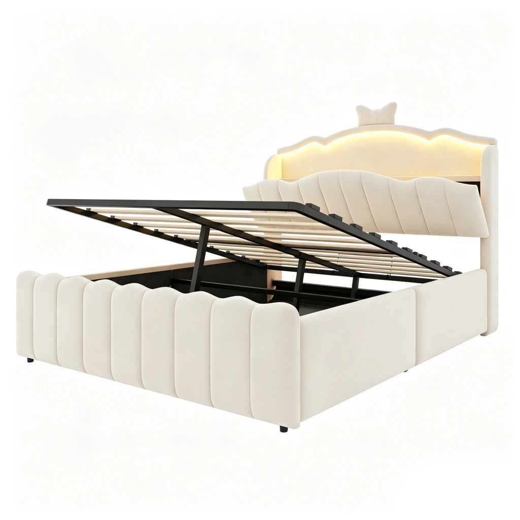 Letto imbottito per bambini 140 x 200 cm con contenitore idraulico; LED e prese USB; beige