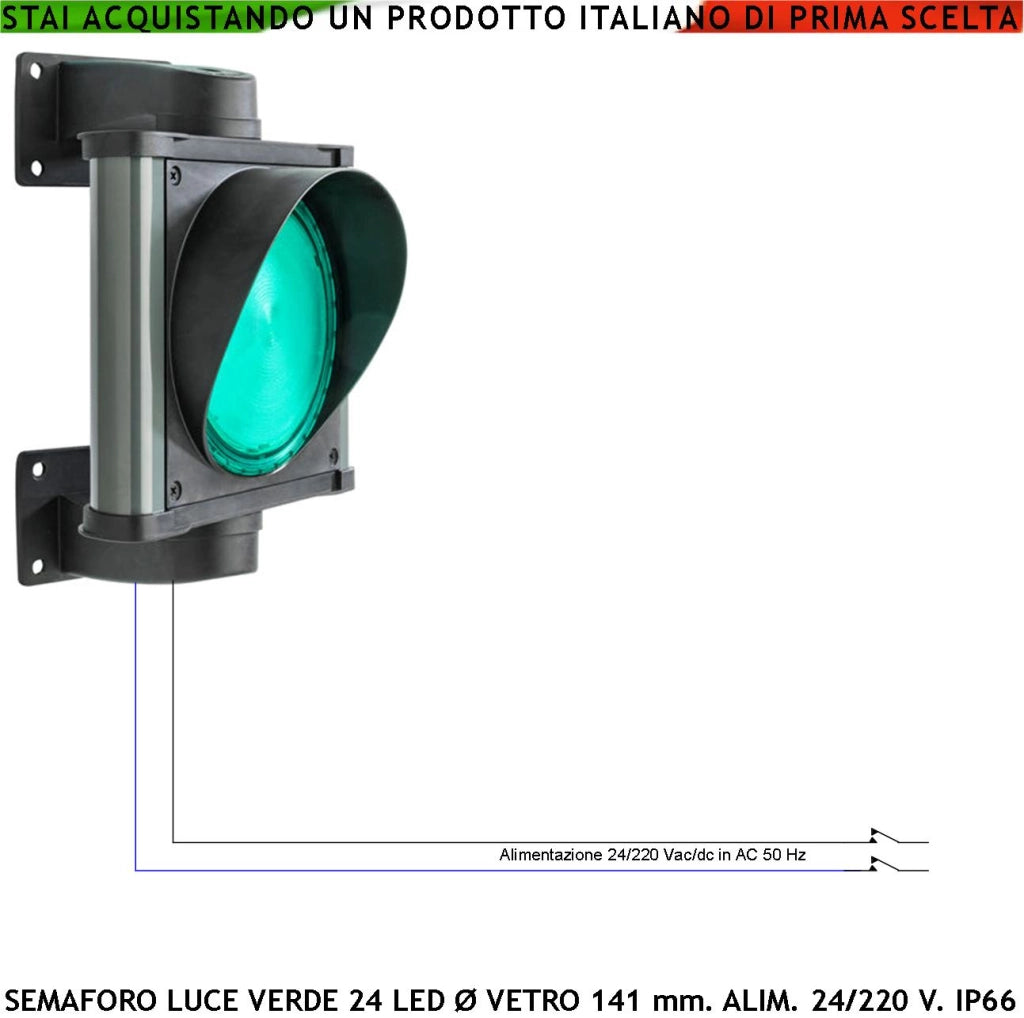 Semaforo Luce Verde Emessa da 24 Led Verdi 24/220 5 W Omologato Securvai Corpo in Profilato di Alluminio IP66 Diametro luce 141 mm Supporti di Fissaggio Orientabili 360° da Parete Segnalazione di Stop o Preavviso