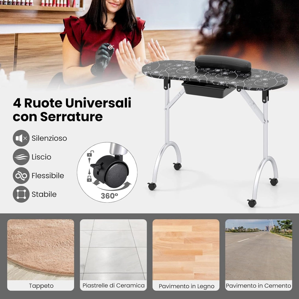 COSTWAY Tavolo Manicure Pieghevole, Tavolo Unghie Estetista Portatile con Ruote, Cassetto, Cuscino Poggiapolsi e Borsa