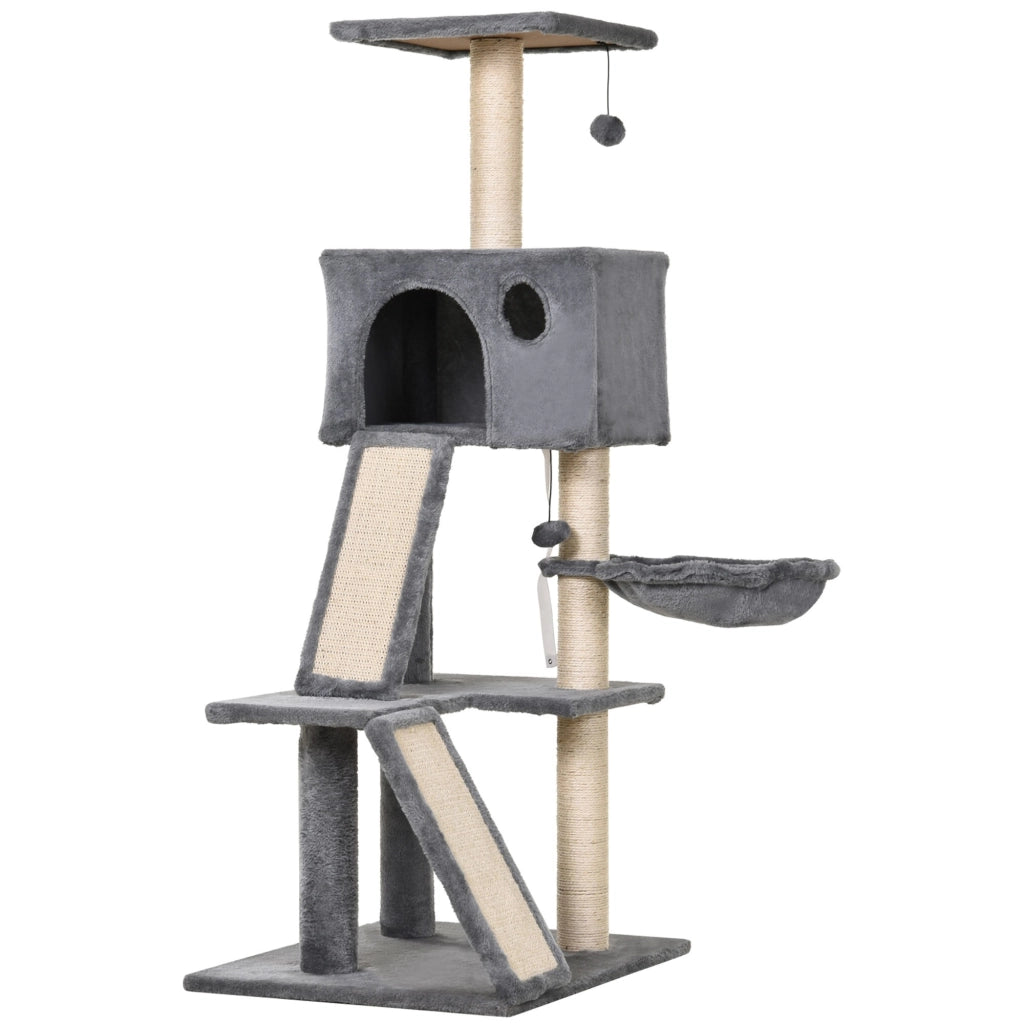 EasyComfort Albero Tiragraffi Accessoriato con Cuccia Lettino Sospeso e 2 Pedane in Peluche Grigio e Corda Sisal 60x49x130cm