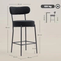 Set di 2 sgabelli da bar in tessuto bouclé, con schienale curvo, poggiapiedi, 49x52x95cm, Nero