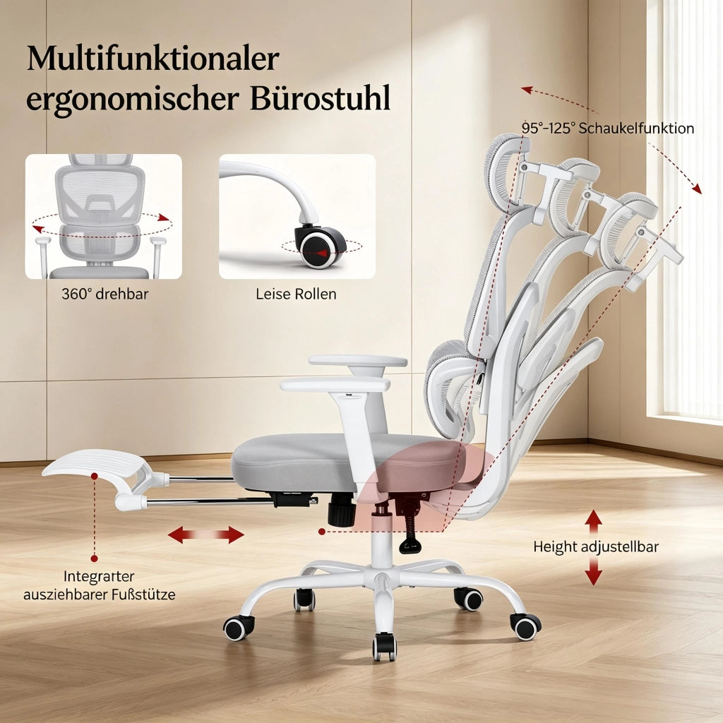Sedia da ufficio ergonomica girevole con poggiapiedi pieghevole, braccioli 3D e poggiatesta 3D in rete grigia