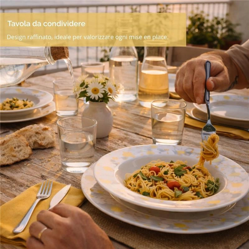 MA MAISON SERVIZIO PIATTI 18 PEZZI IN PORCELLANA CON MARGHERITE, SET TAVOLA 6 PERSONE 6 PIANI 6 FONDI 6 DESSERT BIANCO