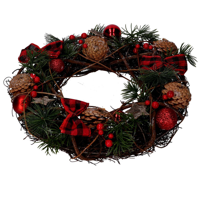Coroncina con pigne e fiocchi rosso scozzese cm Ø34x10