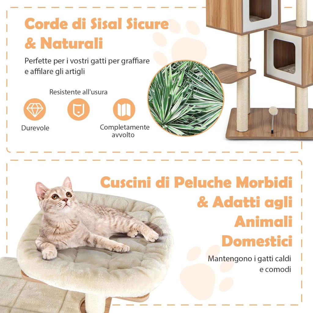 Tiragraffi per Gatti di Legno 163 cm, con Tiragraffi in Sisal, Cuscini Lavabili, Trespolo, 3 Palline e 2 Cuccia, Albero Tiragraffi per Gatti di Piccole e Grandi Dimensioni