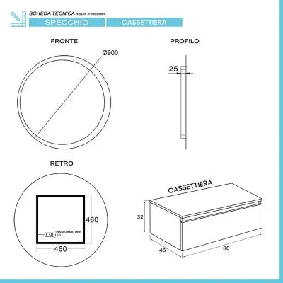 Mobile bagno 80 cm grigio perla lavabo sospeso 100 cm e specchio LED Iside