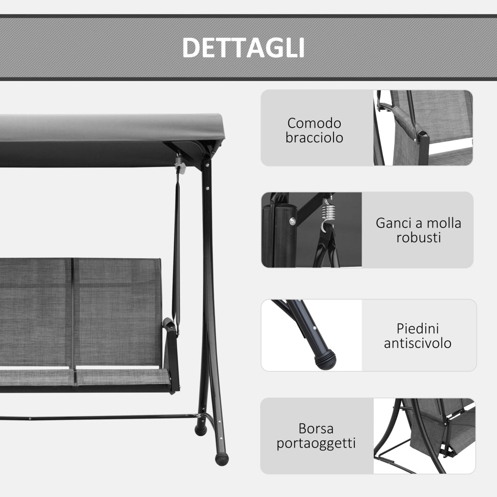 Dondolo 3 Posti da Giardino con Tettuccio Regolabile e Tasche ¨C zephmum ¨C Grigio Scuro 196x128x172cm