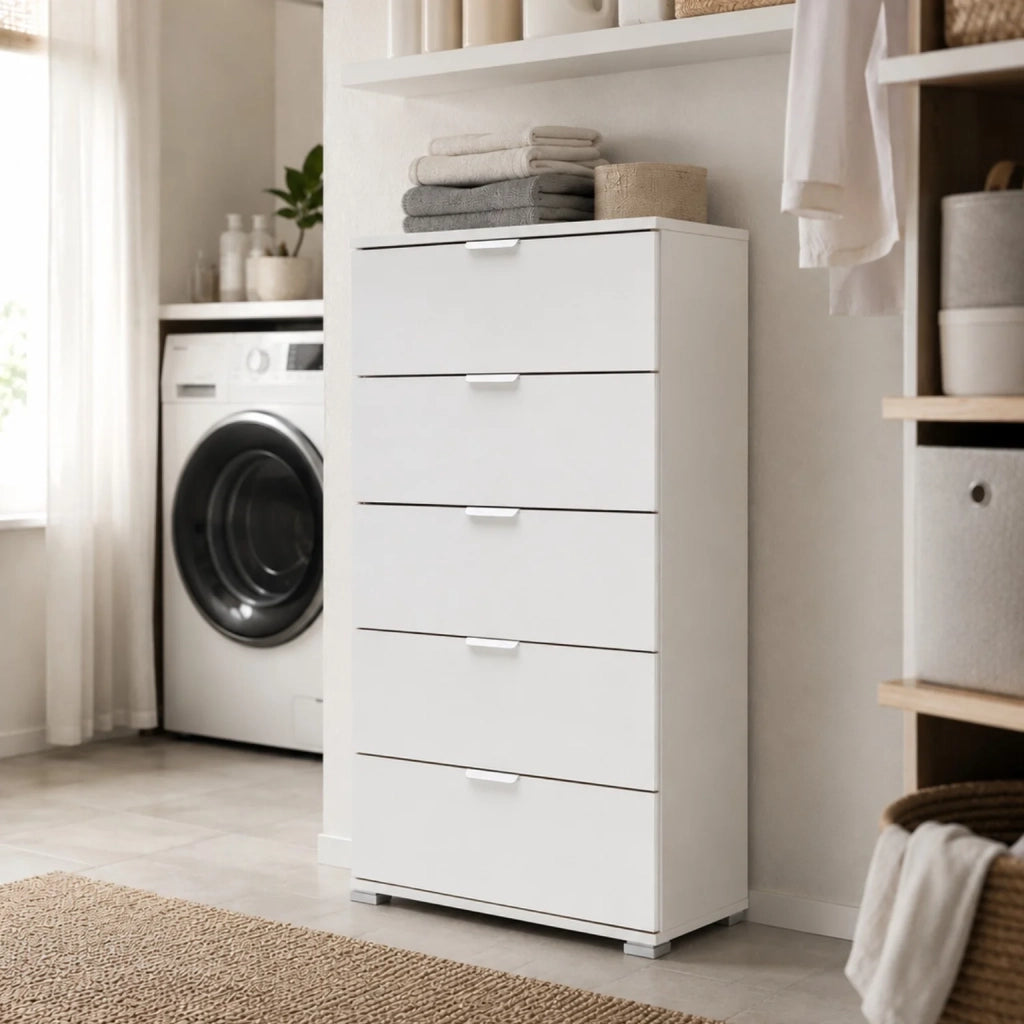 Cassettiera 5 Cassetti Bianca Già Montata | Mobile Salvaspazio 60x103x38 cm | Comò Moderno per Camera da Letto, Bagno e Lavanderia con Guide Scorrevoli