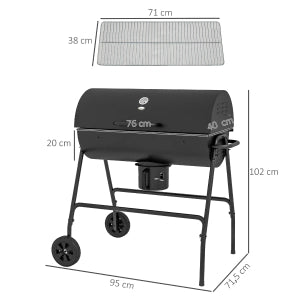 Barbecue a carbone in metallo con coperchio, termometro, ruote e vassoio cenere, 95 x 71,5 x 102 cm