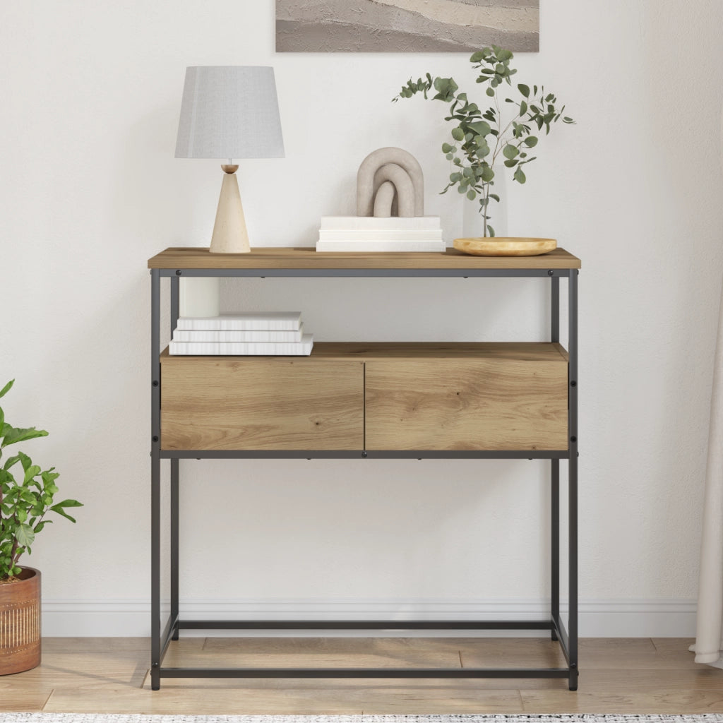 Tavolino Console Rovere Artigianale 75x40x75 cm Legno Ingegnerizzato e Acciaio