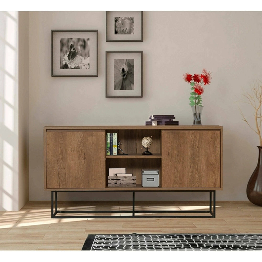 Credenza Levante, Buffet da soggiorno, Madia da salotto, Dispensa da cucina, 140x36h72 cm, Noce e Nero