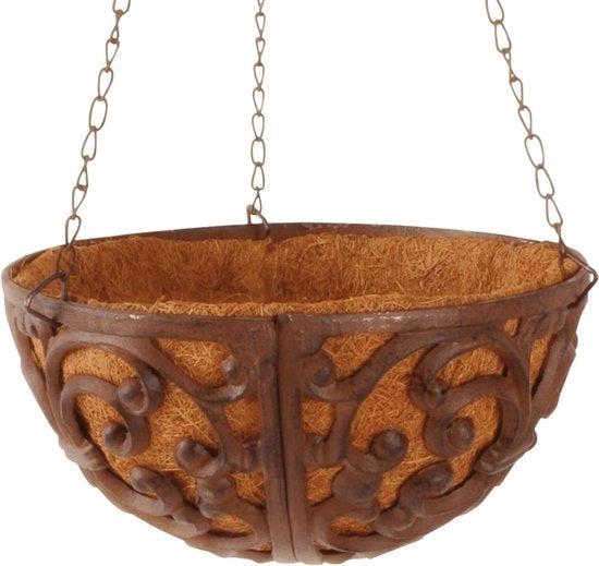 Porta piante con maniglia in ghisa con inserto di cocco, diametro Ø circa 27 cm.