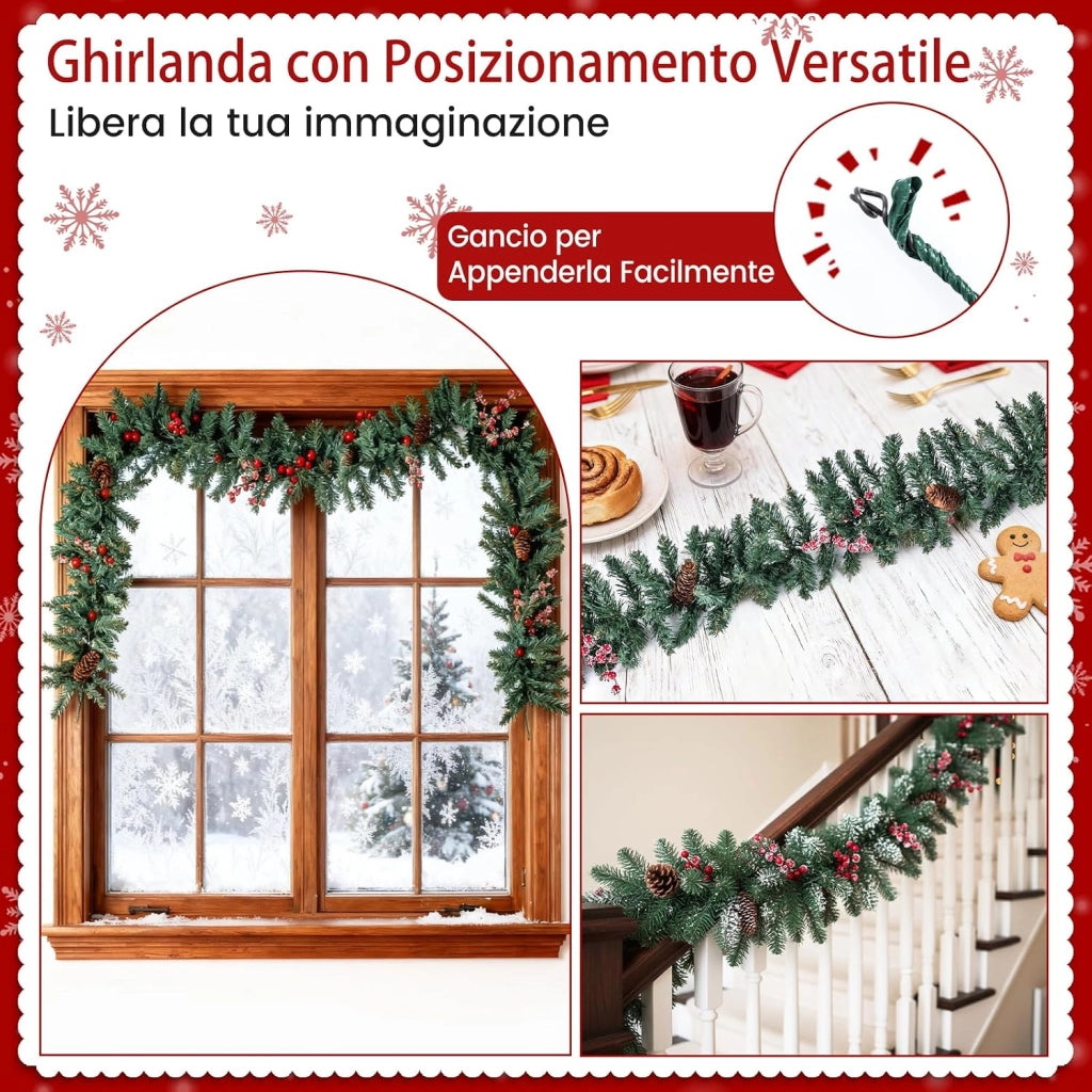 Set di 2 Alberi di Natale in Vaso con Pigne, Stella e Ghirlanda | Decorazione Natalizia per Camino, Ingresso e Festa con Corona e Bacche Rosse Ghiacciate