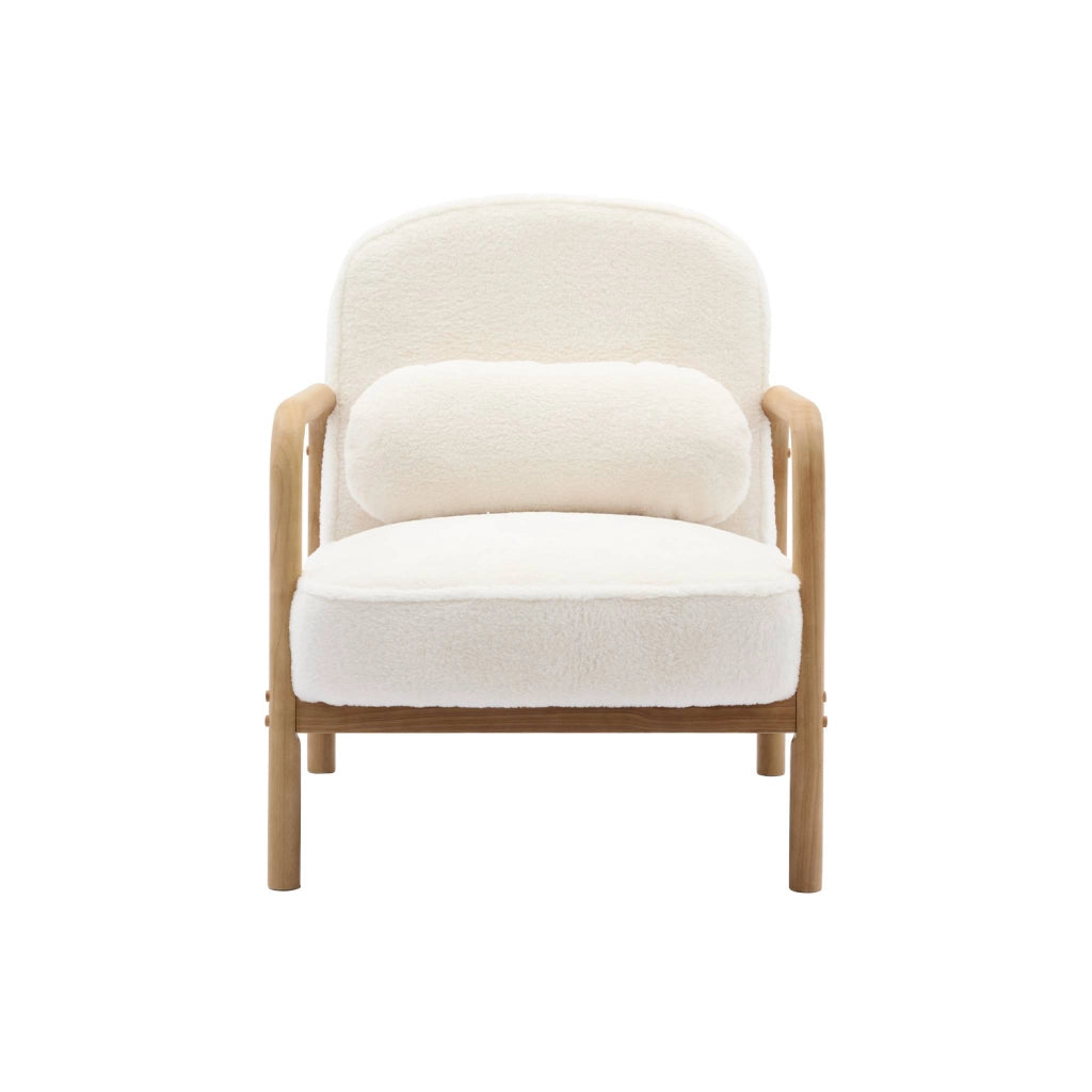 Poltrona scandinava arrotondata in legno di hevea, crema