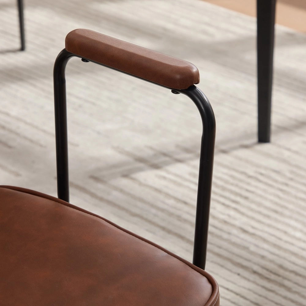 Sedie da Pranzo con Braccioli ¨C MINIMAL ¨C Set 2, Similpelle Vintage, Schienale in Legno Massello e Rattan, Gambe in Metallo, Marrone