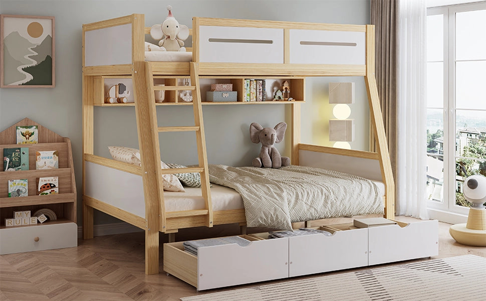 Letto a castello per bambini in pino e MDF; bianco e naturale; con 3 cassetti e libreria; 90x200 e 120x200 cm