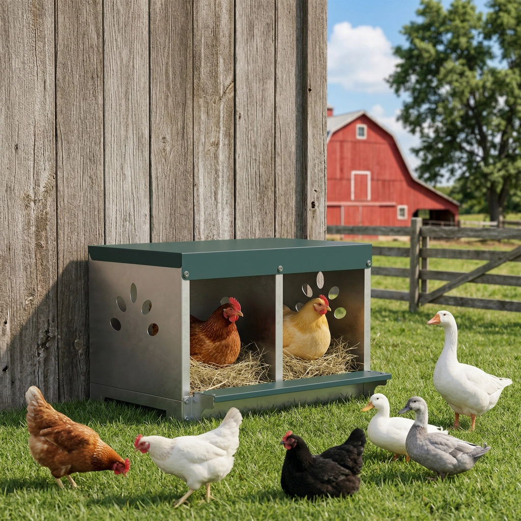 Nido per Galline Ovaiole 54,5x42,5x35,5 cm a 2 Aree con Base Rialzata Tetto e Fori di Ventilazione in Acciaio Argento