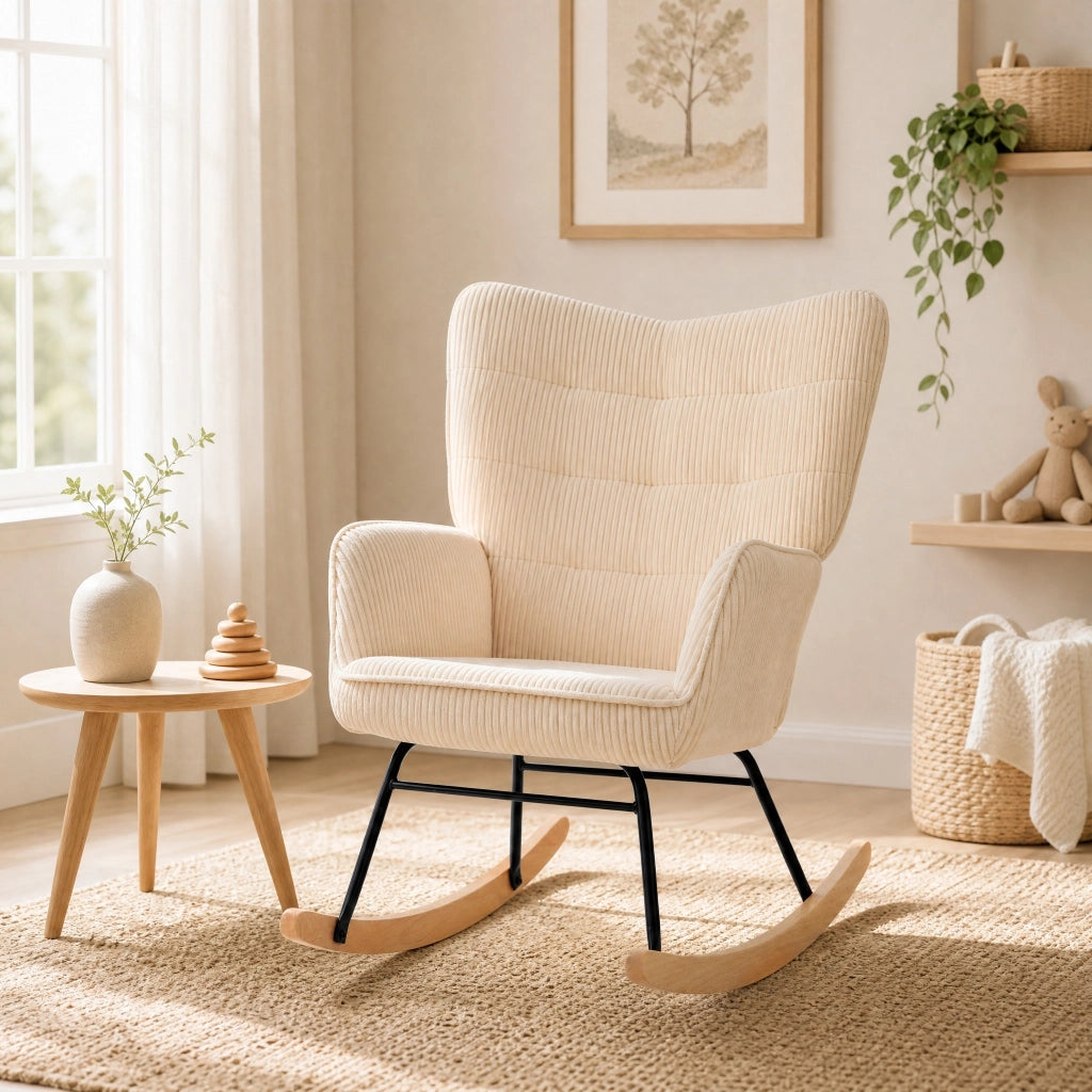 Sedia a dondolo 98x71x101 cm con schienale trapuntato in corda; in legno beige
