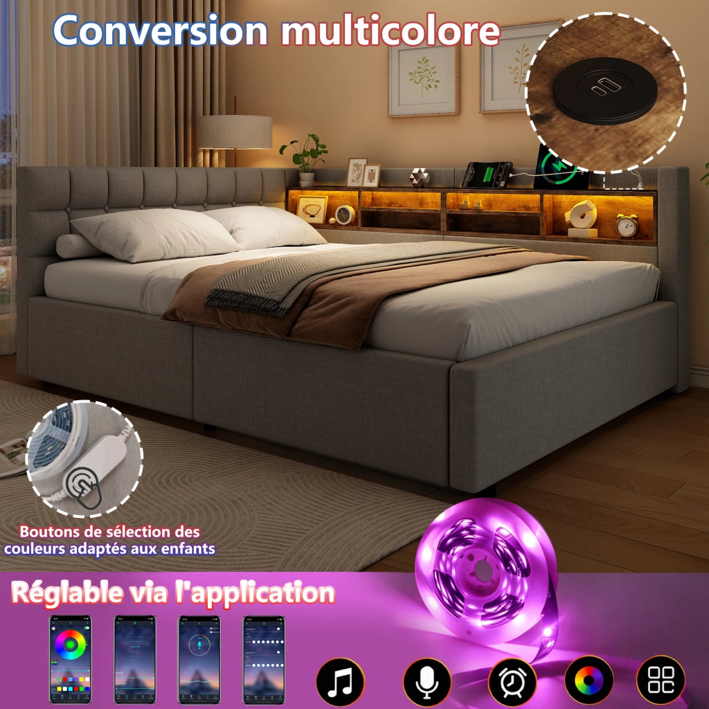 Letto matrimoniale contenitore 140x200 cm con sollevamento idraulico; LED; testiera con ripiano e USB; grigio