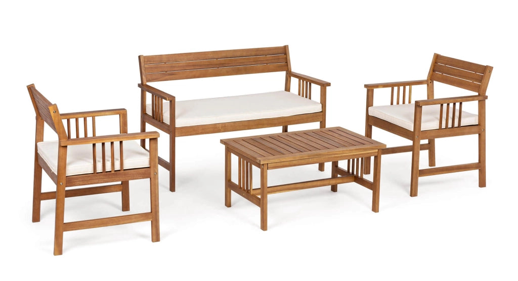 Set Salotto da Giardino Divano 2 Poltrone e Tavolino in Legno di Acacia Ecrù