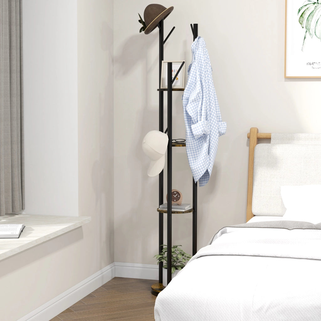 Appendiabiti da Terra Girevole con 8 Ganci e 4 Mensole in Stile Industriale, ?30x175cm, Marrone