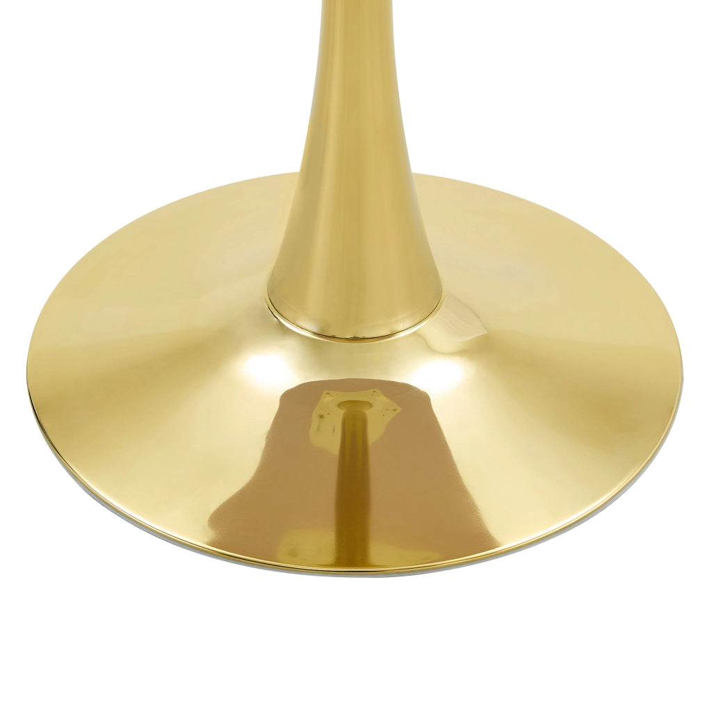 Tavolo da pranzo rotondo in MDF e metallo stile mid-century con base a cono, piano bianco venato e portata 120 kg