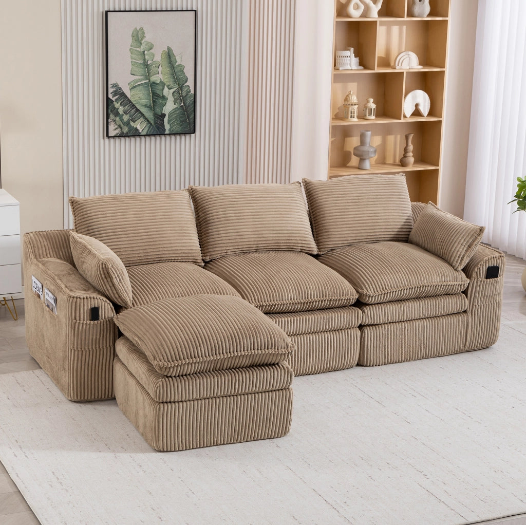 Divano modulare 3 posti ULEVR 263x167x85 cm con pouf, tasche laterali e cuscini, velluto a coste kaki